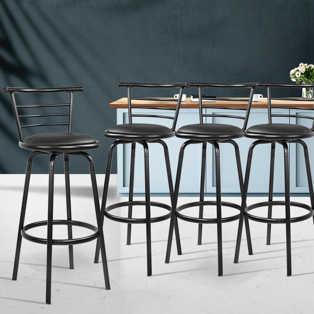 Set of 4 Bar Stools PU Leather Bar Stool Swivel Backrest Kitchen Chairs Black - BSR