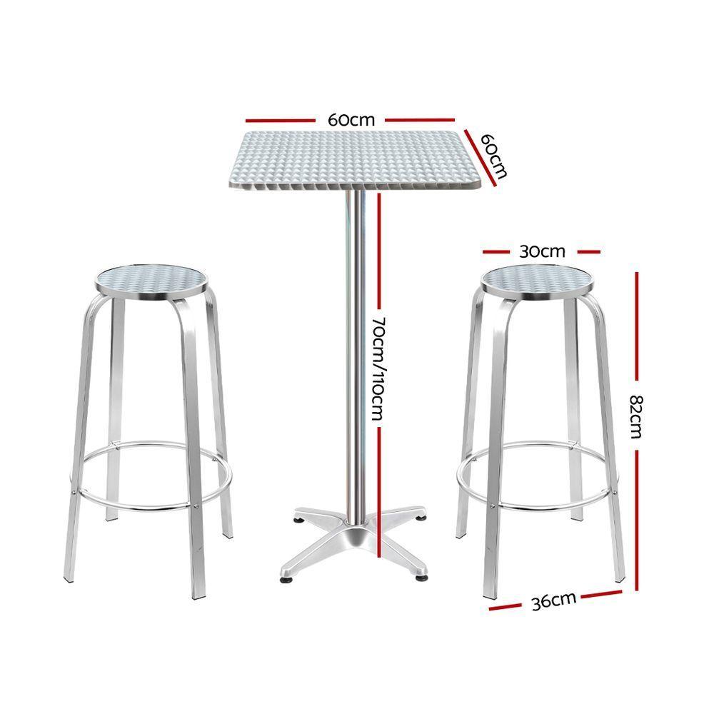 Gardeon Outdoor Bistro Set Bar Table Stools Adjustable Aluminium Cafe 3PC Square - BSR
