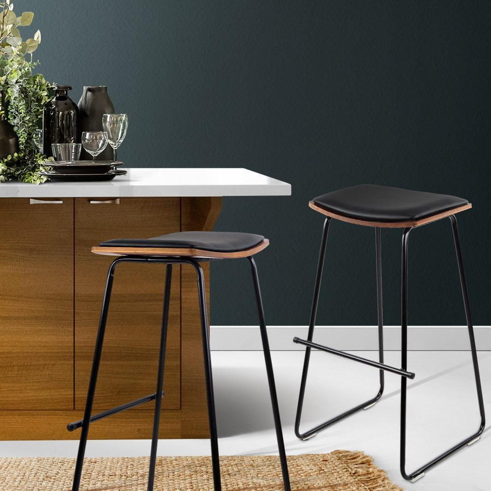 Set of 2 PU Leather Backless Bar Stools - Black - BSR